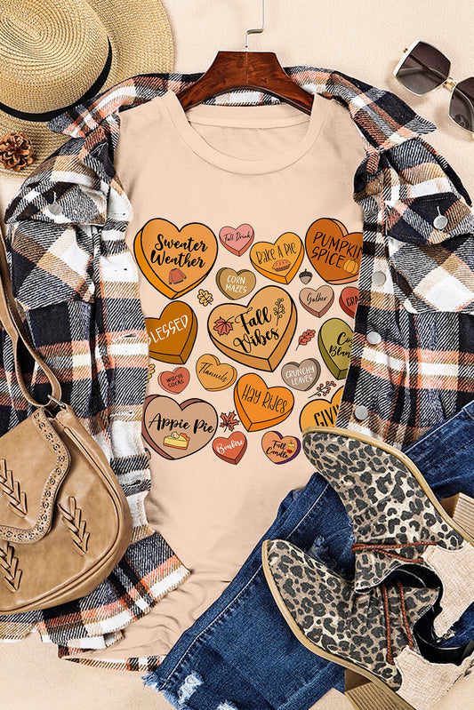 Khaki Thanksgiving Candy Heart Letter Graphic Round Neck Tee