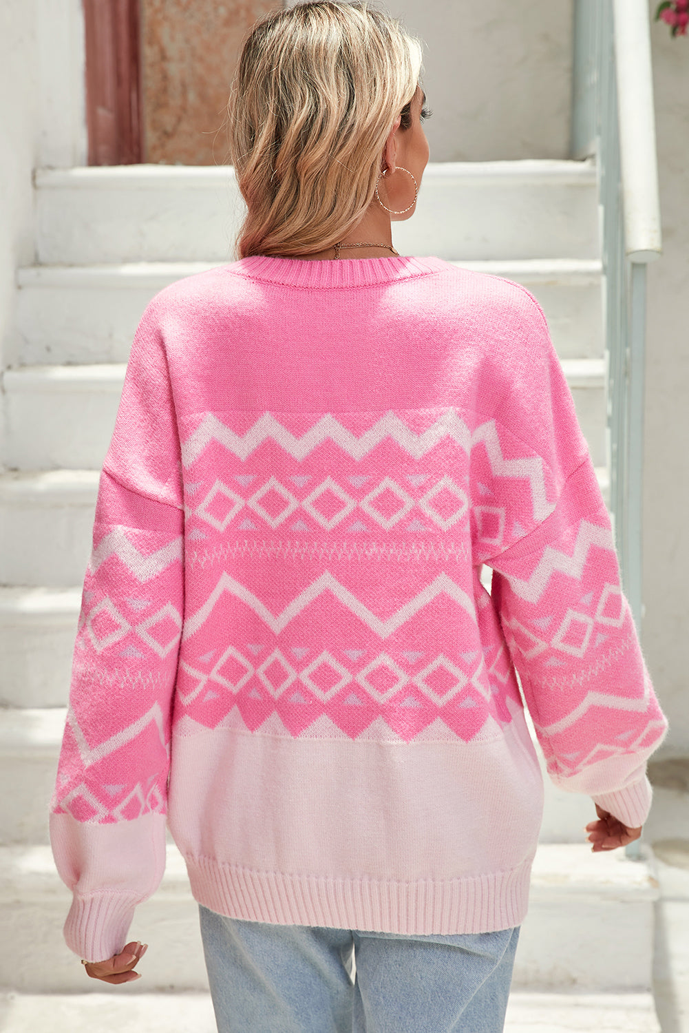 Pink Geometric Pattern Round Neck Drop Shoulder Sweater