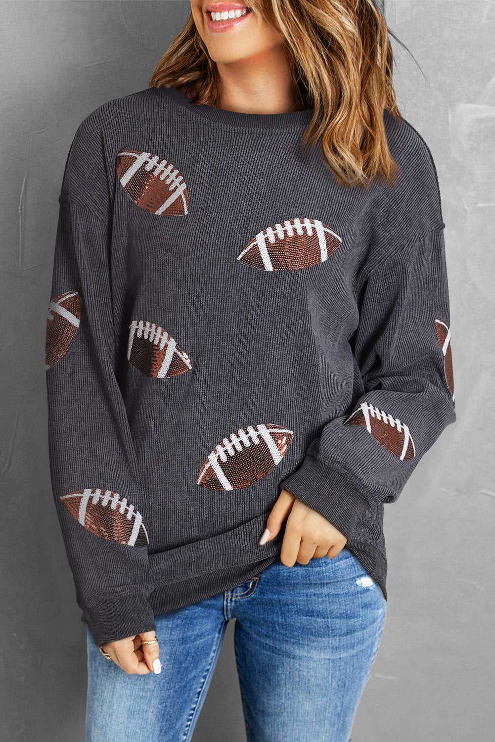 Gray Sequin Rugby Football Graphic Corded Baggy Sweatshirt