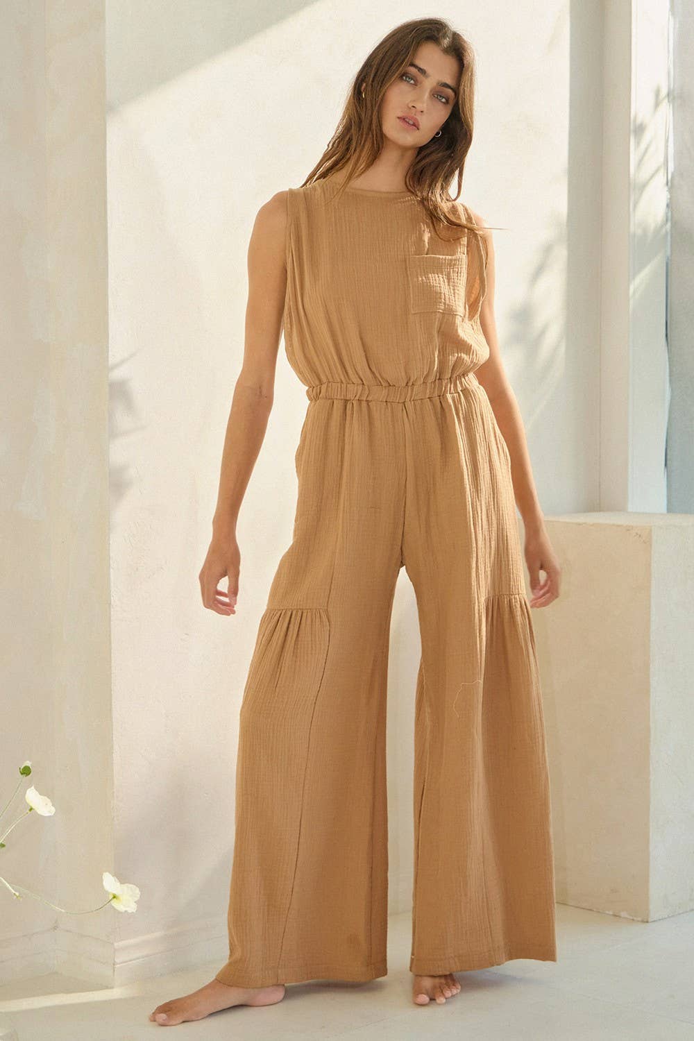 BUCKETLIST Adjustable Bow Cotton Gauze Jumpsuit