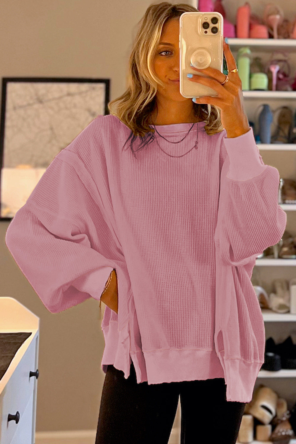 Pink Waffle Bishop Sleeve Split Oversized Sweatshirt