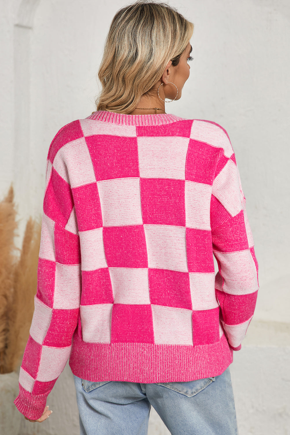 Pink Checkered Drop Shoulder Buttoned V Neck Cardigan