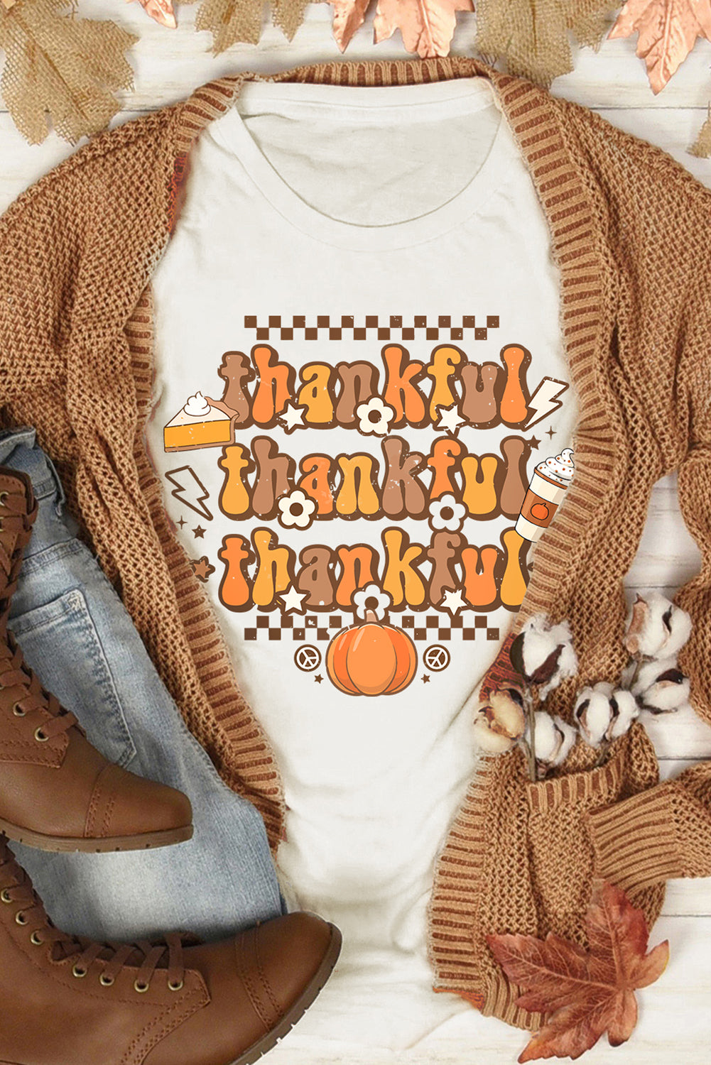 Khaki thankful Crewneck Thanksgiving Graphic Tee