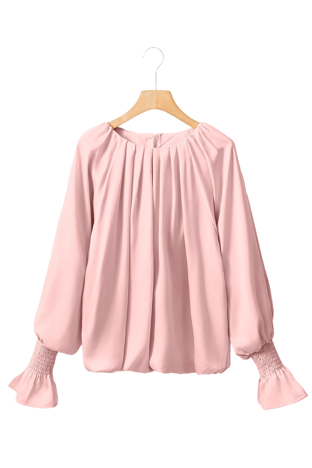 Apricot Pink Pleated Round Neck Smocked Cuffs Satin Blouse