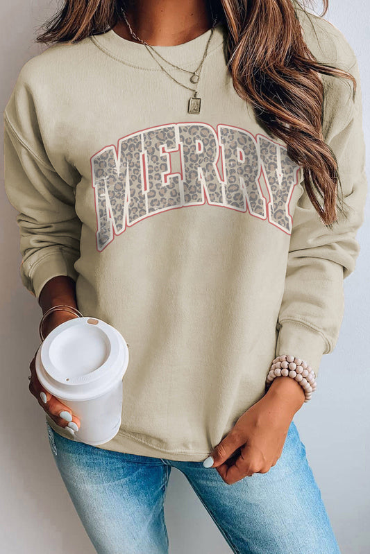 Khaki Leopard Letter Christmas Graphic Sweatshirt