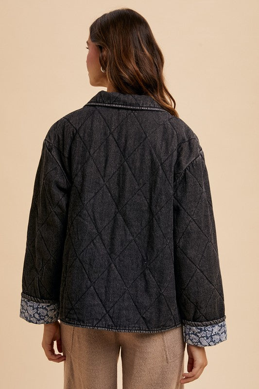 Annie Wear Quilted Printed Lining Snap Down Denim Jacket