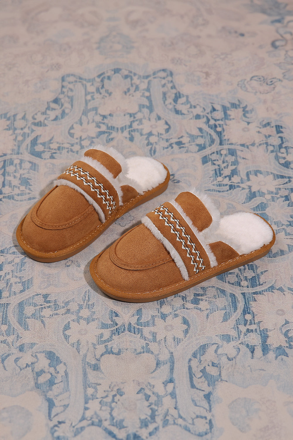 Chestnut Suede Wavy Striped Plush Lined Home Slippers