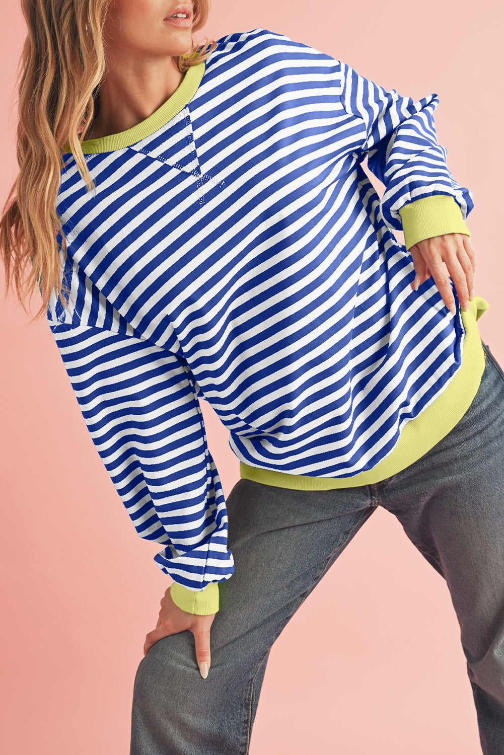 Blue Stripe Contrast Edge Cross Seam Oversized Pullover