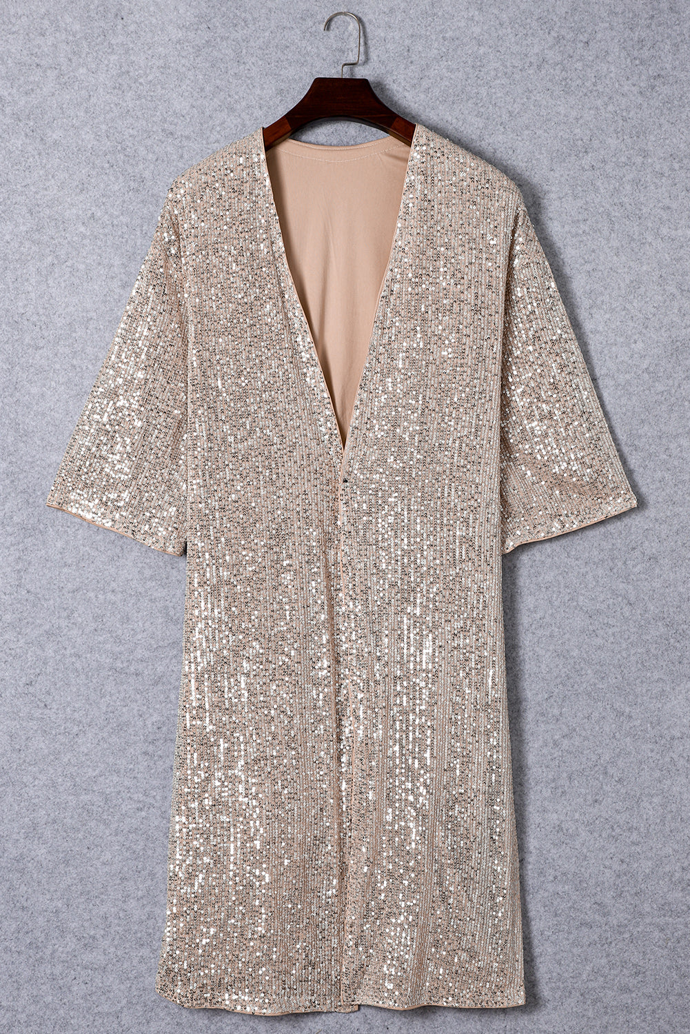 Apricot Sequin 3/4 Sleeve Open Front Duster Cardigan