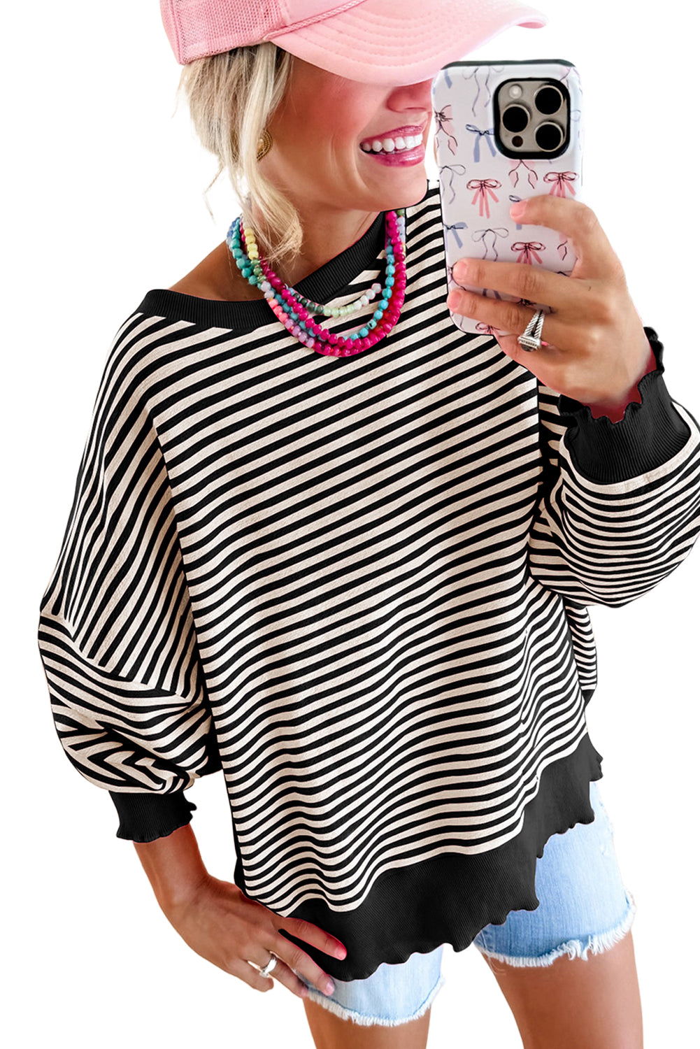 Green Stripe Drop Shoulder Long Sleeve Top