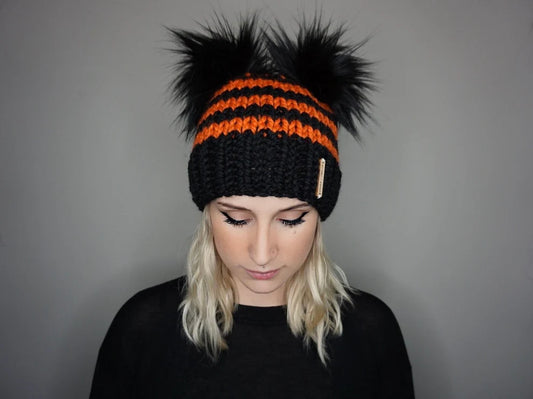 Stripe Double Pom Beanie in Orange and Black
