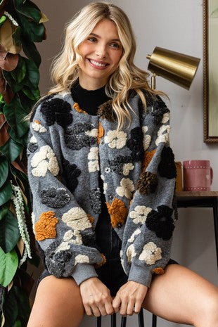 Felted Flower Puff Sleeve Button Jacket