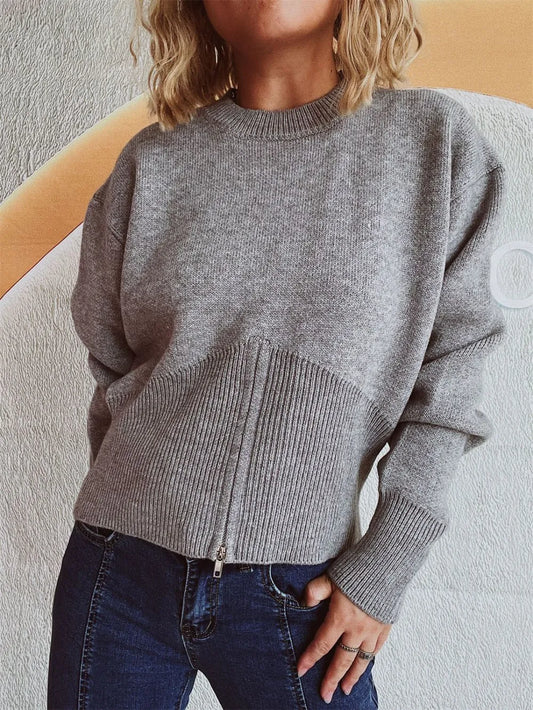 Round Neck Half Zip Long Sleeve Sweater Gray
