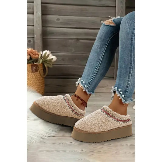 Embroidered Sherpa Plush Thick Sole Winter Shoe Oatmeal