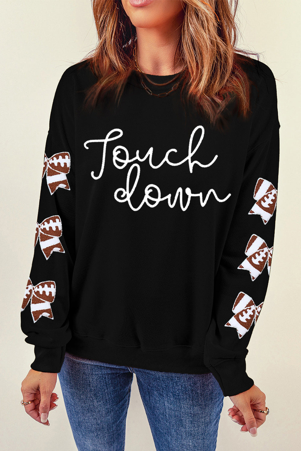 Black Touch Down Letter Bow Print Graphic Sweatshirt