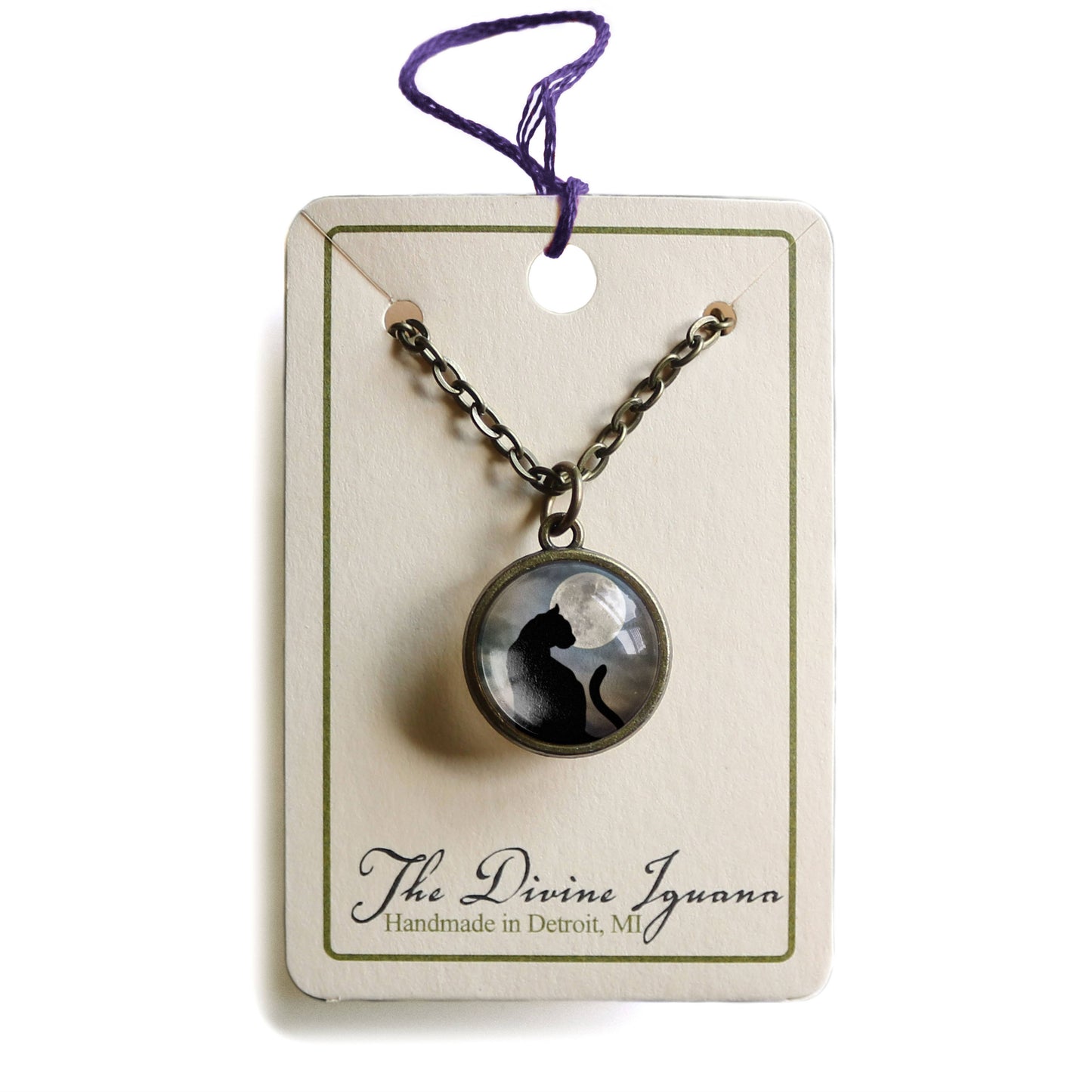 Black Cat and Full Moon Simple Reversible Pendant Necklace