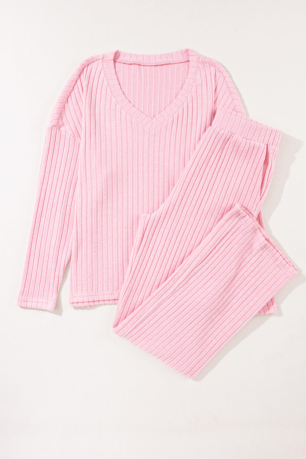 Light Pink Slouchy Ribbed Knit V Neck Top & Pants Loungewear Set