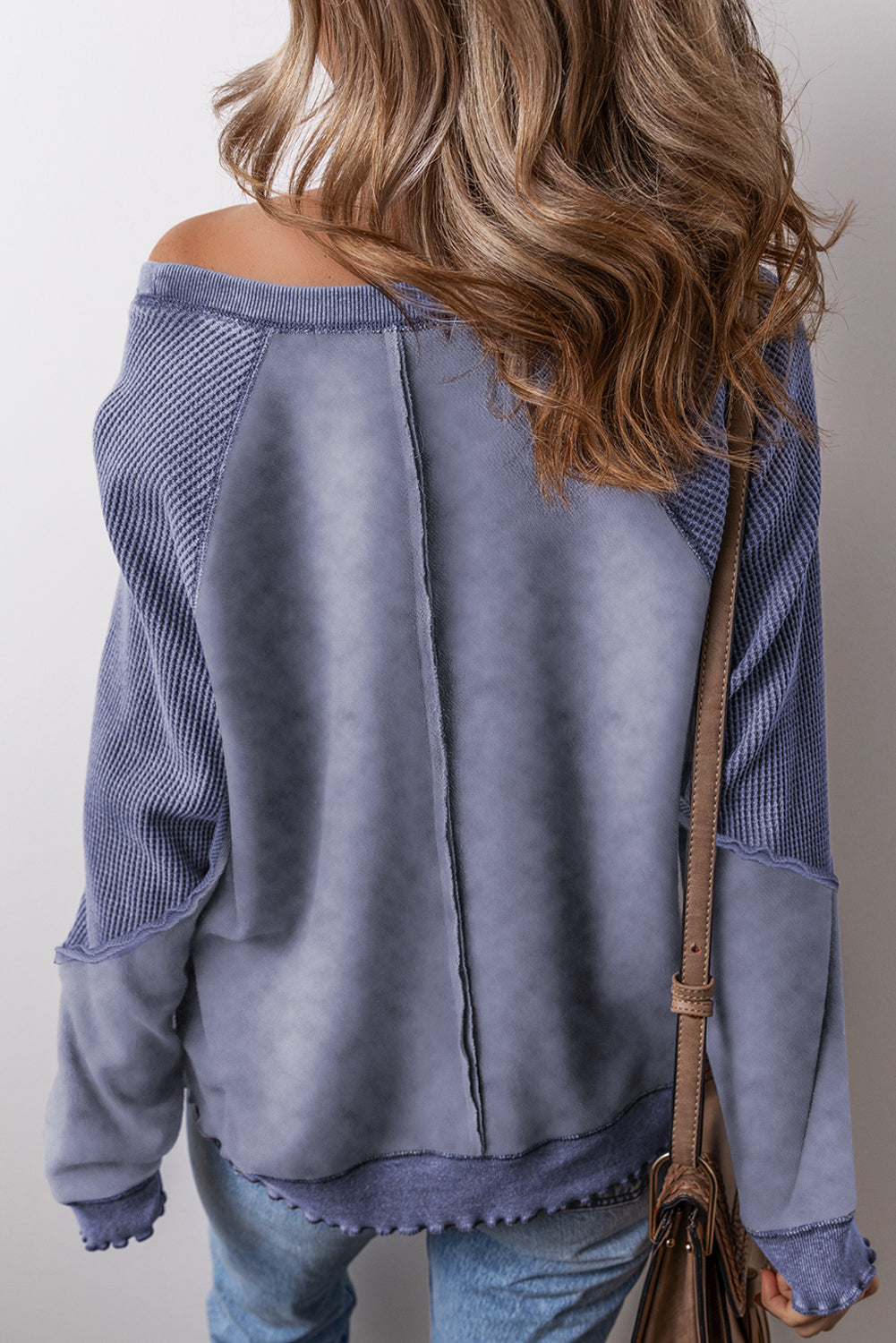 Sail Blue Solid Waffle Knit Patchwork Raglan Sleeve Sweatshirt