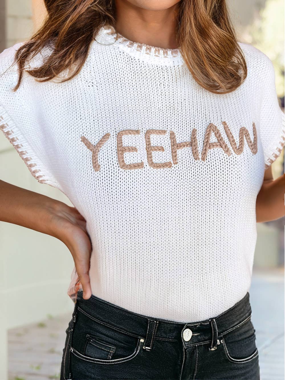 YEEHAW Contrast Stitch Edge Crew Neck Sweater T Shirt