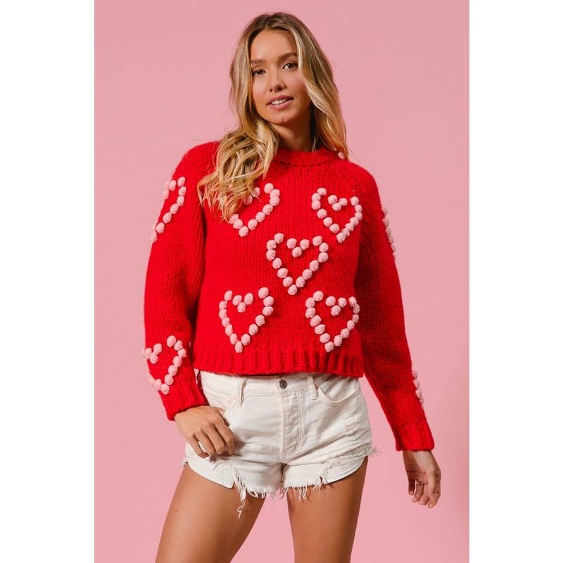 POM POM HEART TEXTUREED VALENTINE SWEATER