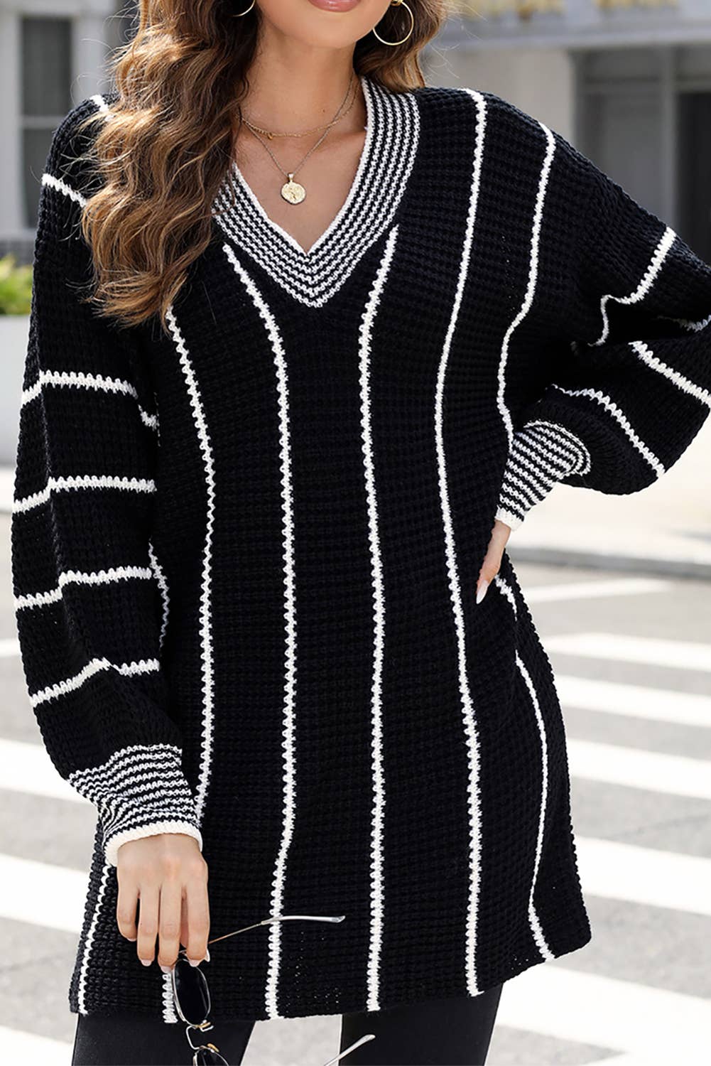 Oversized Striped V Neck Knit Sweater | S-2XL