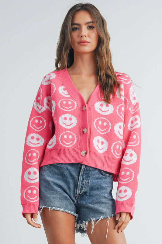 BMW7418 - SMILEY FACE RIBBED TRIM V-NECK CARDIGAN Blue