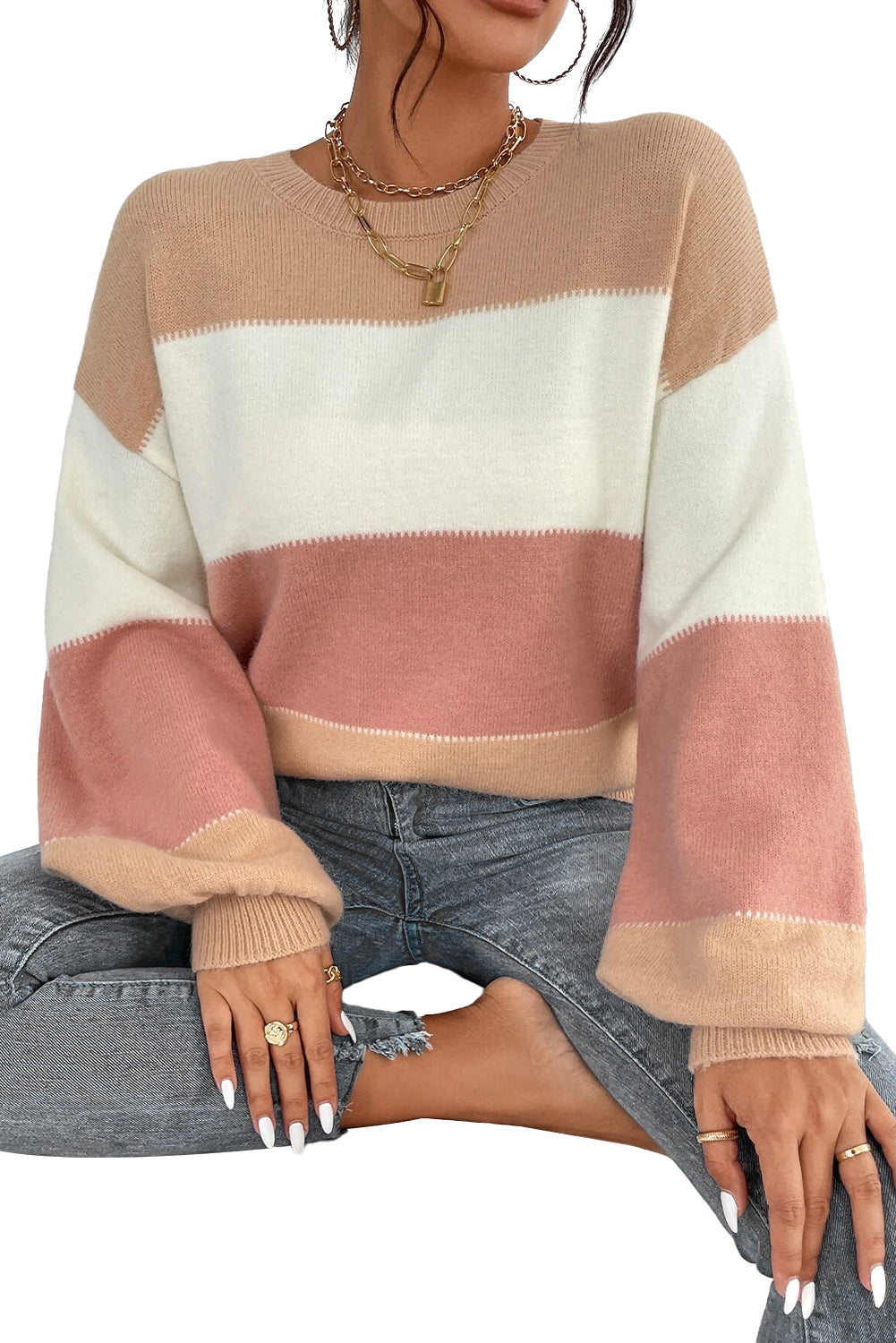 Dusty Pink Color Block Lantern Sleeve Drop Shoulder Sweater