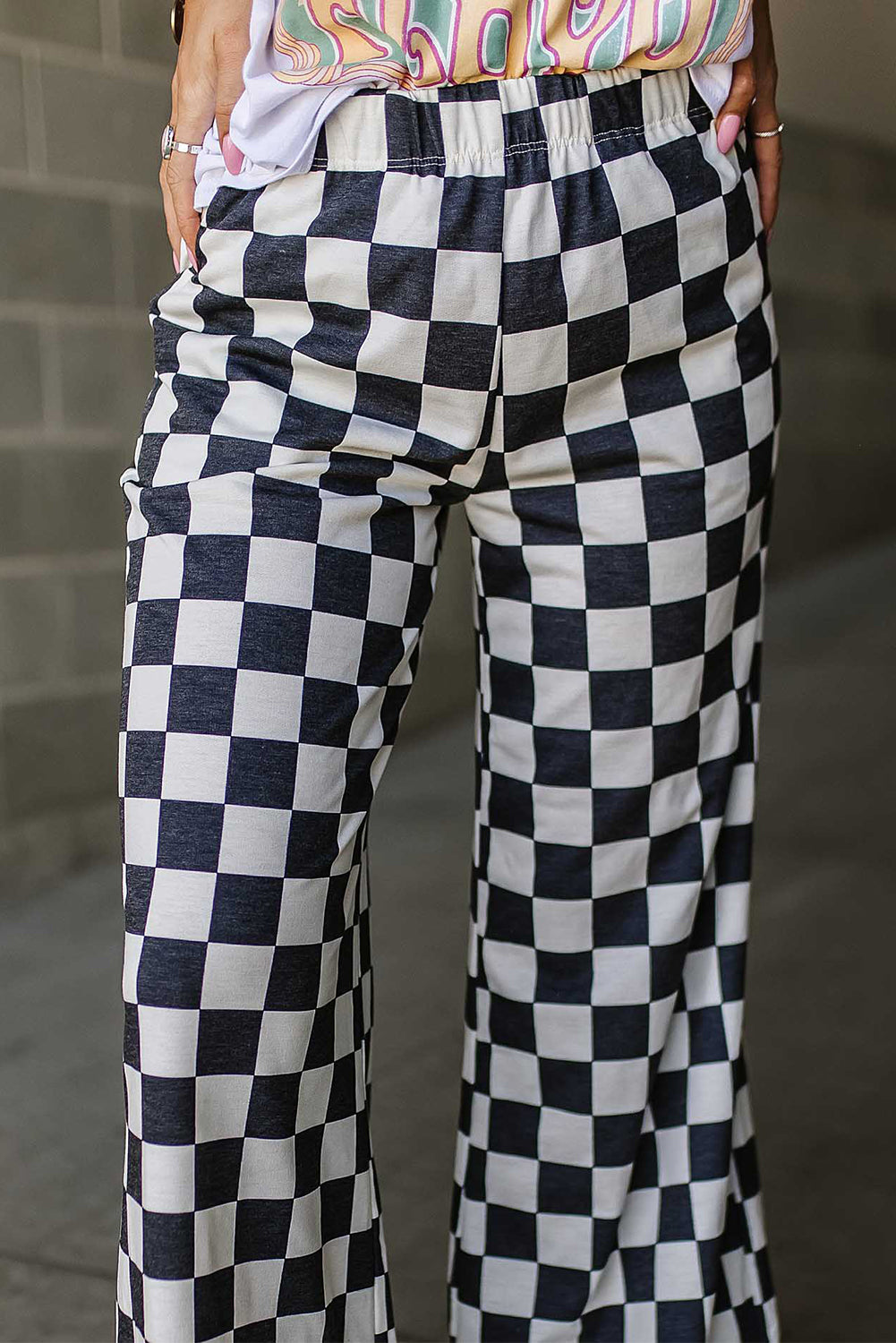 Black 2-Tone Checked Print High Waist Wide Leg Pants