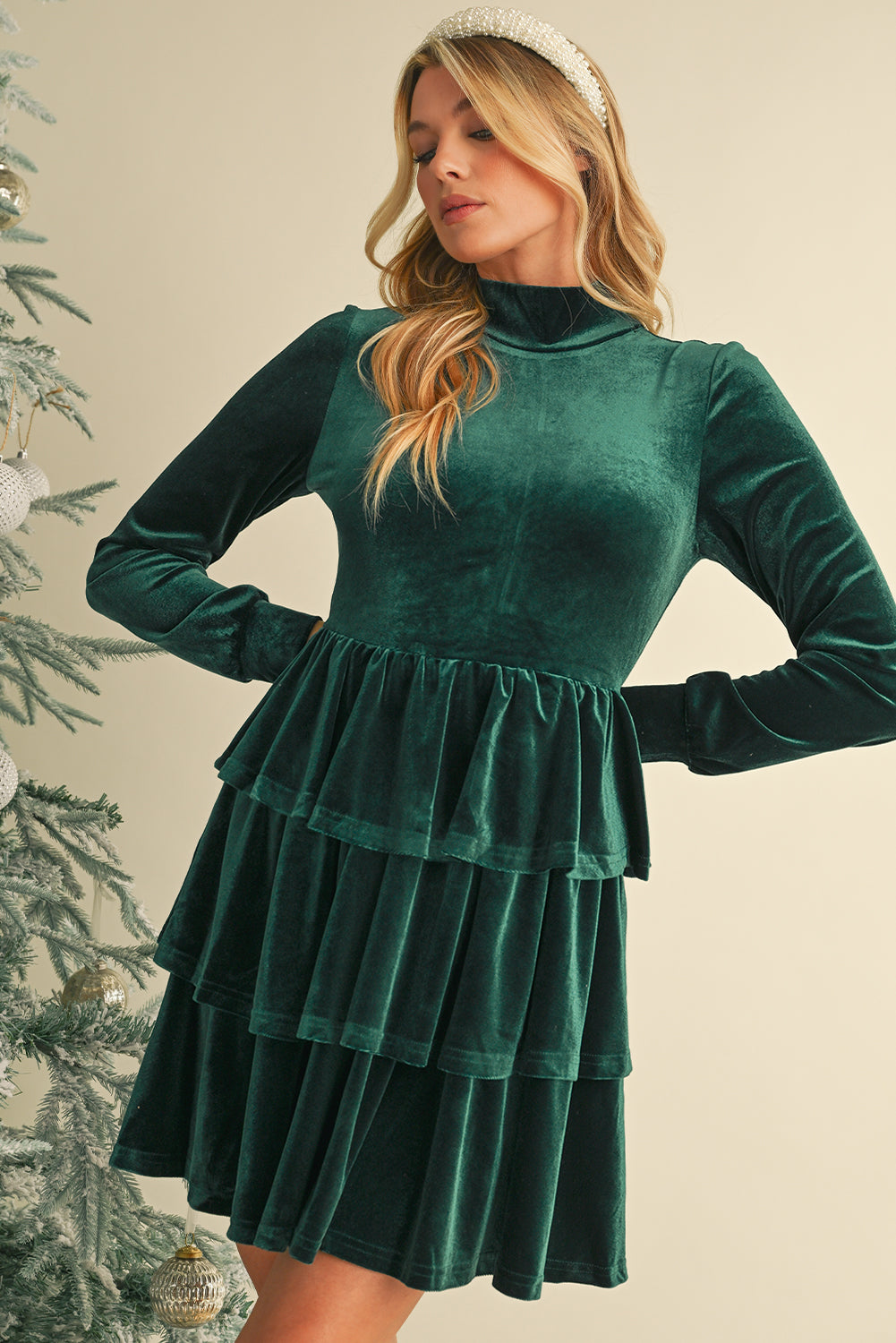 Evergreen Velvet High Neck Tiered Ruffle Mini Dress