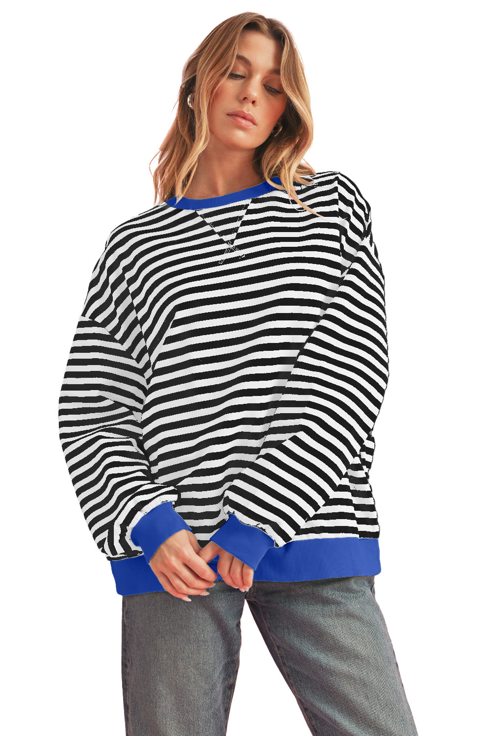 Blue Stripe Contrast Edge Cross Seam Oversized Pullover