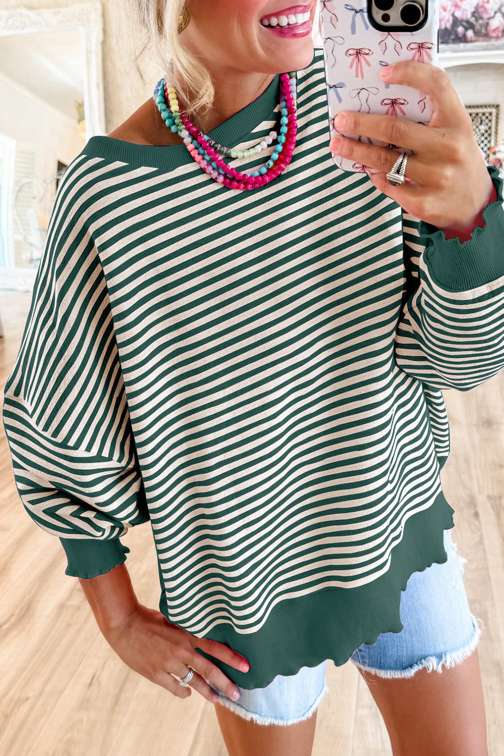 Green Stripe Drop Shoulder Long Sleeve Top