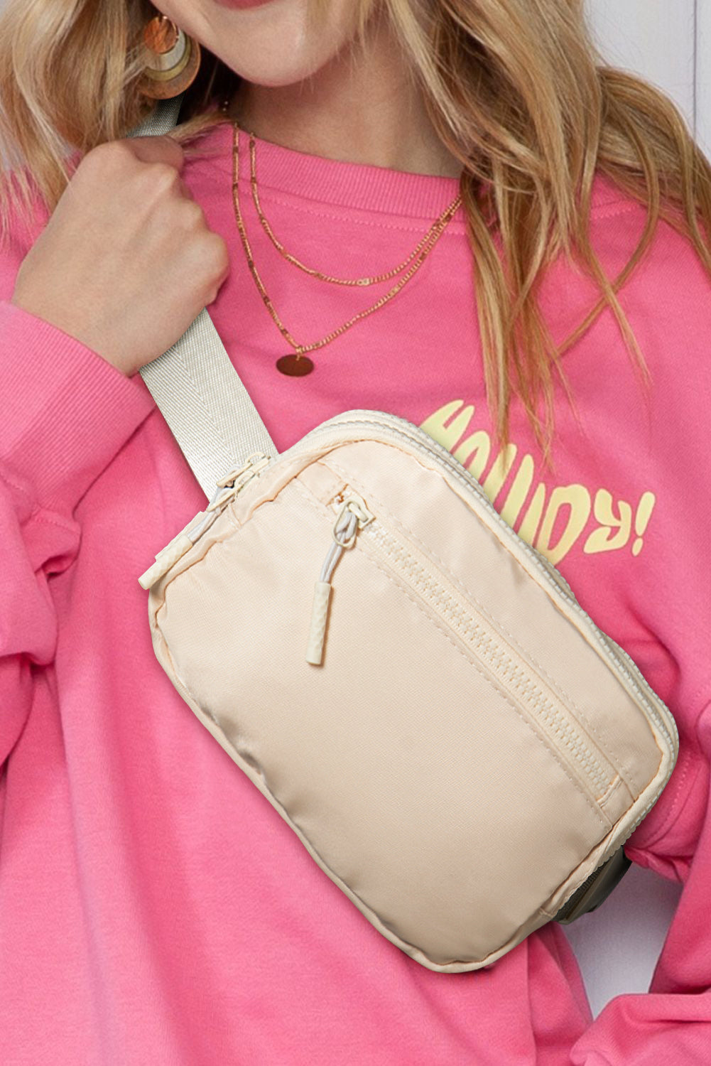 Light Pink Wide Belt Zipped Square Crossbody Bag