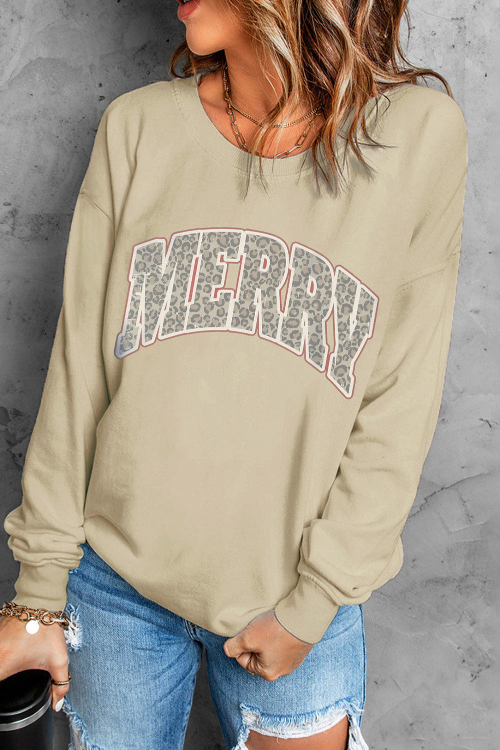 Khaki Leopard Letter Christmas Graphic Sweatshirt