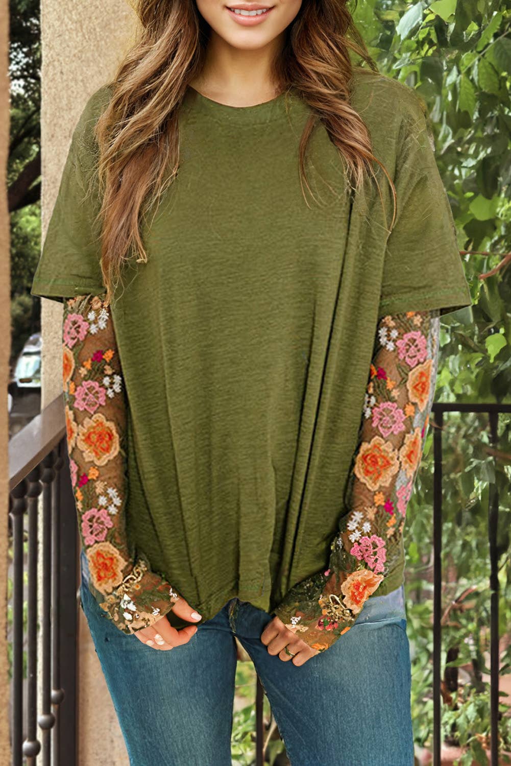 Floral Embroidered Mesh Patchwork Sleeve Crewneck Top