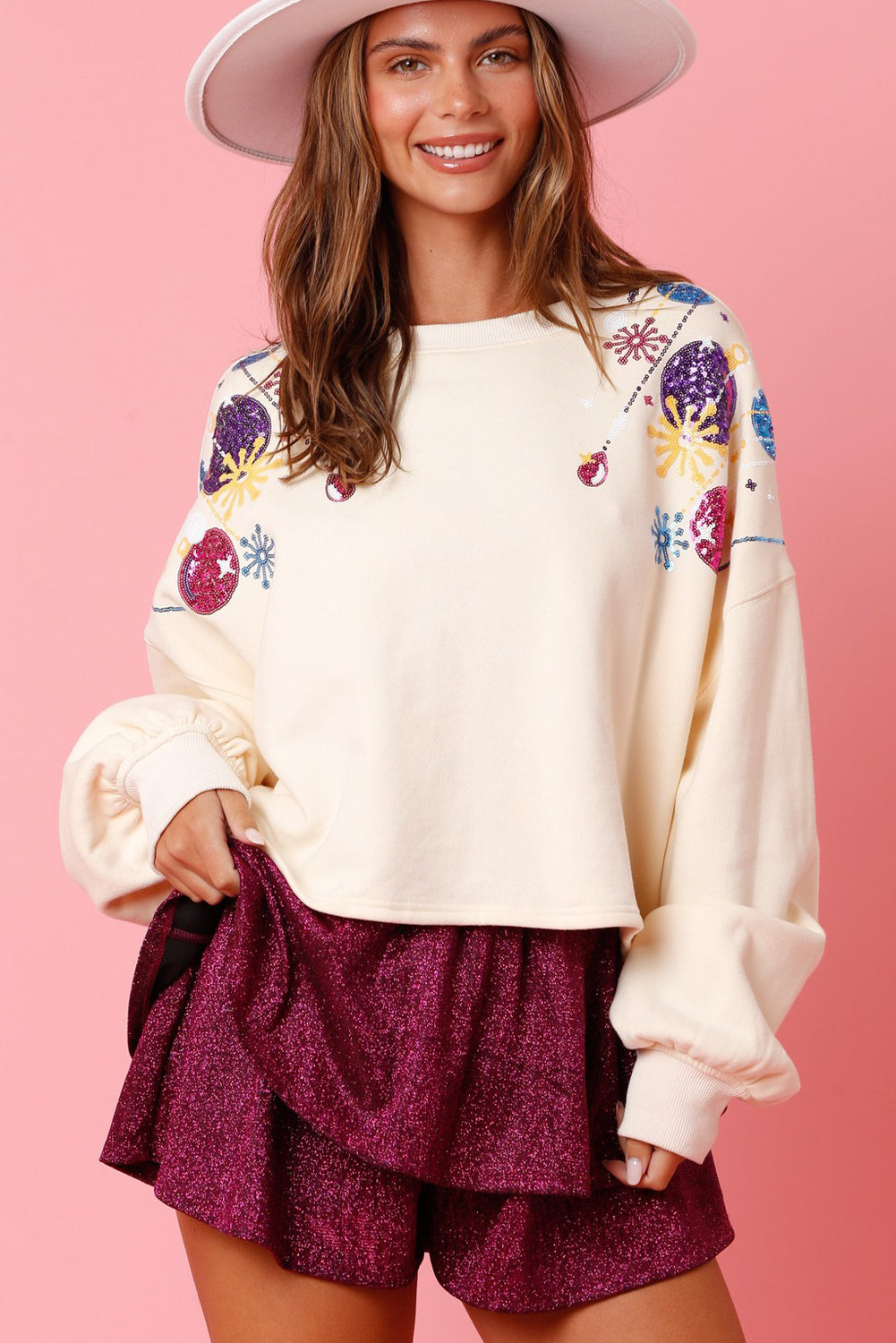 White Sequined Round Neck Loose Pullover Sweatshirt