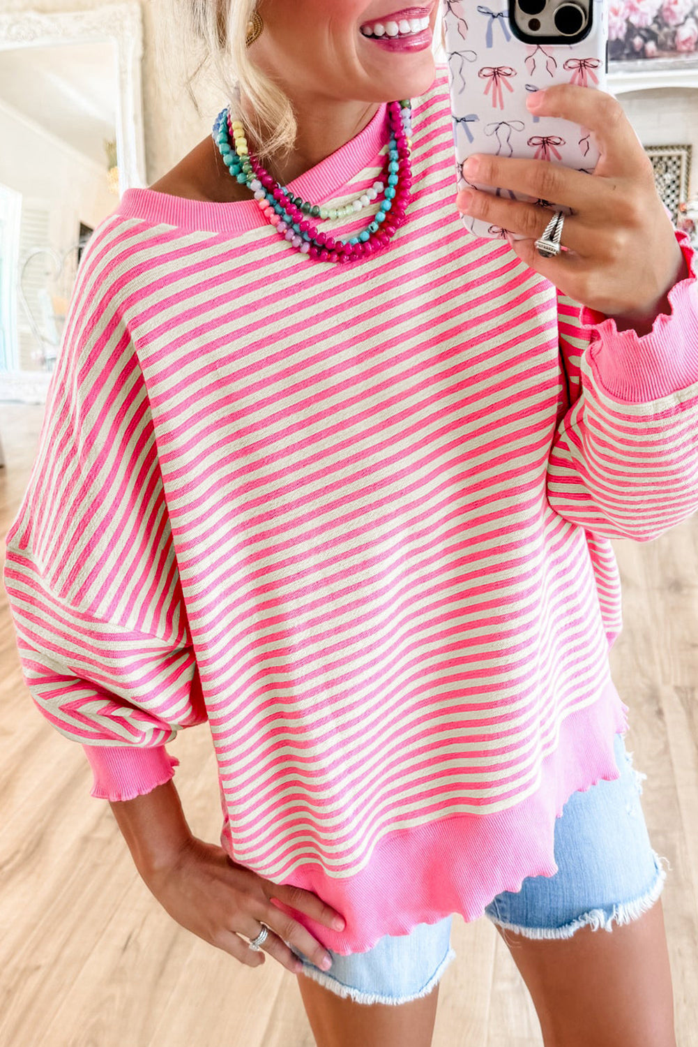 Green Stripe Drop Shoulder Long Sleeve Top