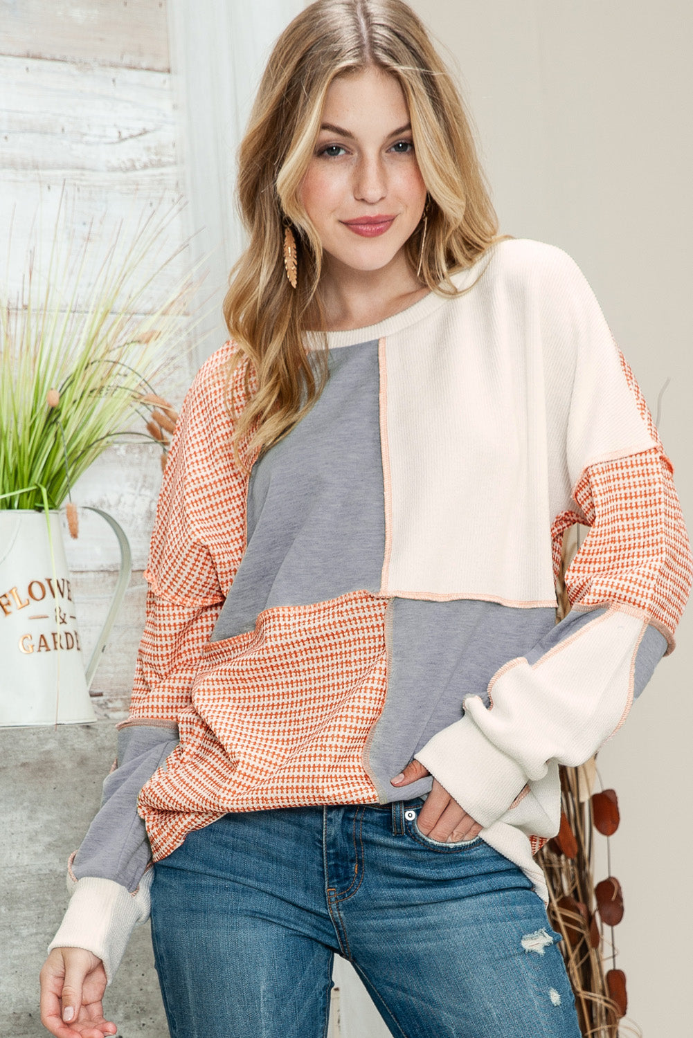 Multicolor Exposed Seam Color Block Pullover Long Sleeve Top