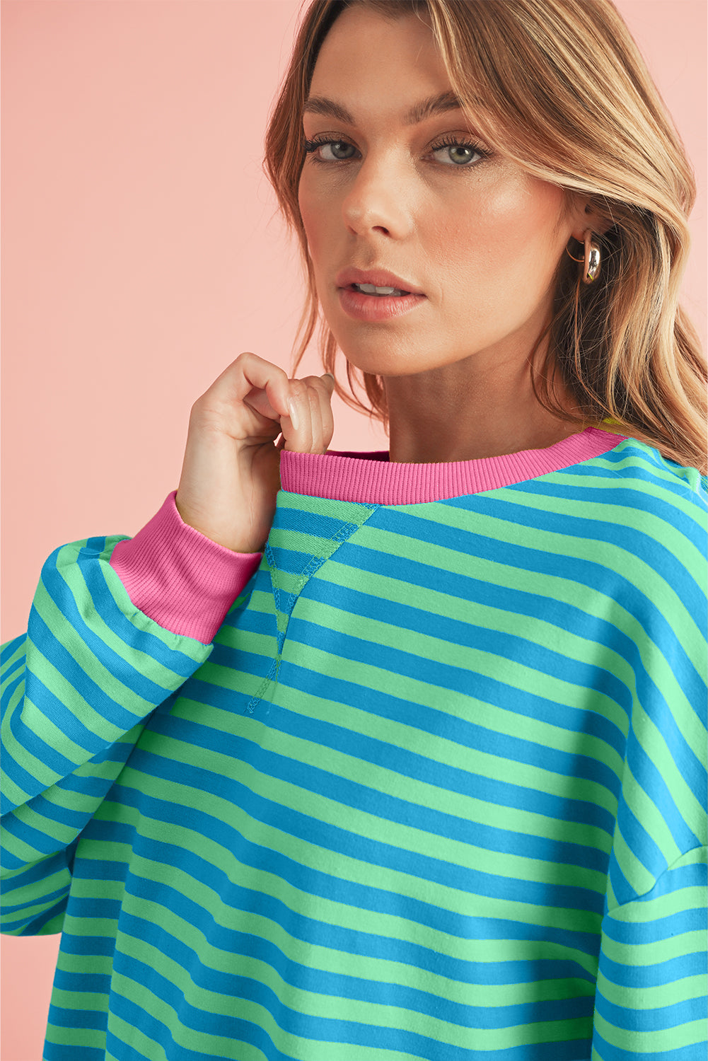 Blue Stripe Contrast Edge Cross Seam Oversized Pullover