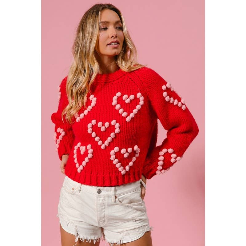 POM POM HEART TEXTUREED VALENTINE SWEATER
