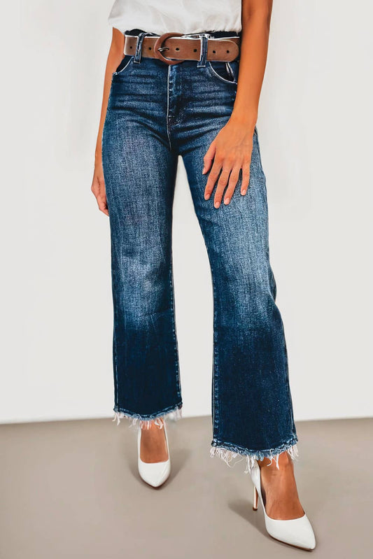 Dark Wash Raw Hem High Waist Jeans | 6-16