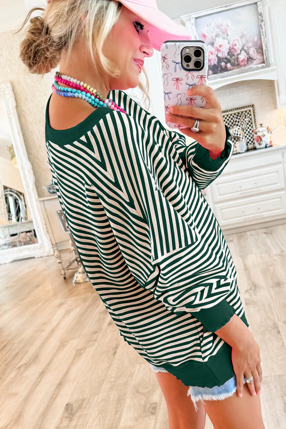 Green Stripe Drop Shoulder Long Sleeve Top