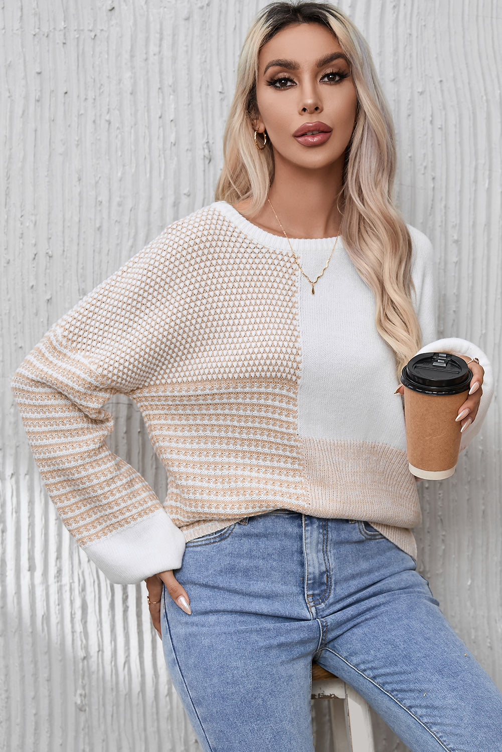 Oatmeal Mixed Pattern Knit Drop Shoulder Reversible Sweater