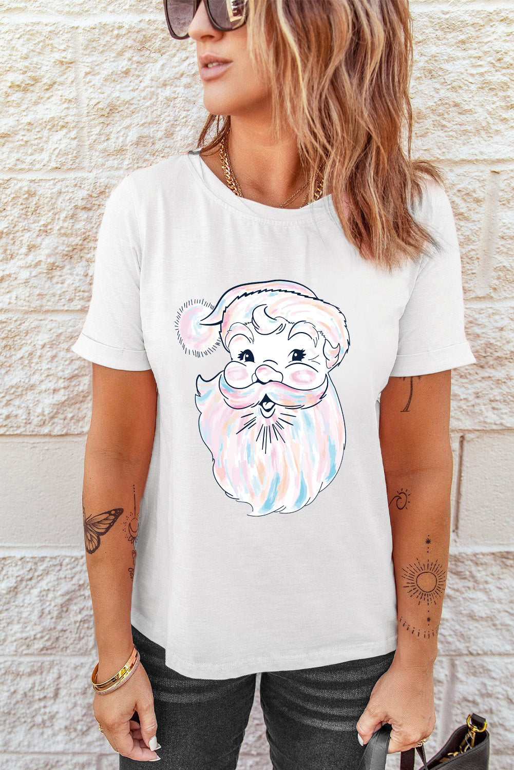 White Cute Santa Claus Casual Round Neck Graphic Tee