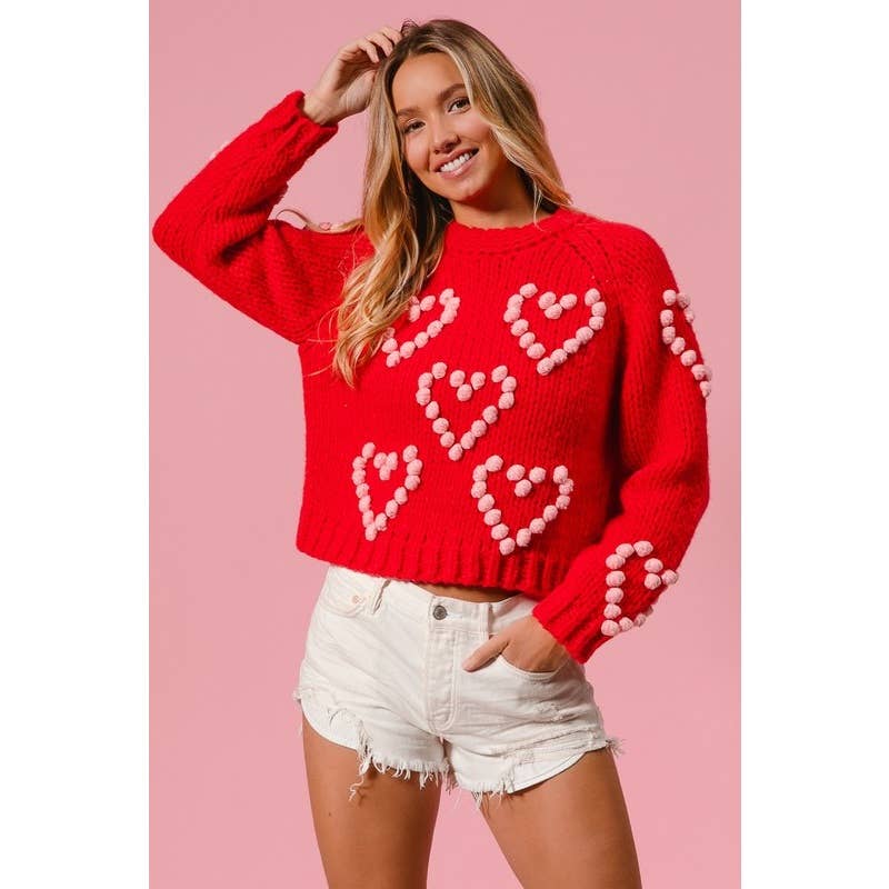 POM POM HEART TEXTUREED VALENTINE SWEATER