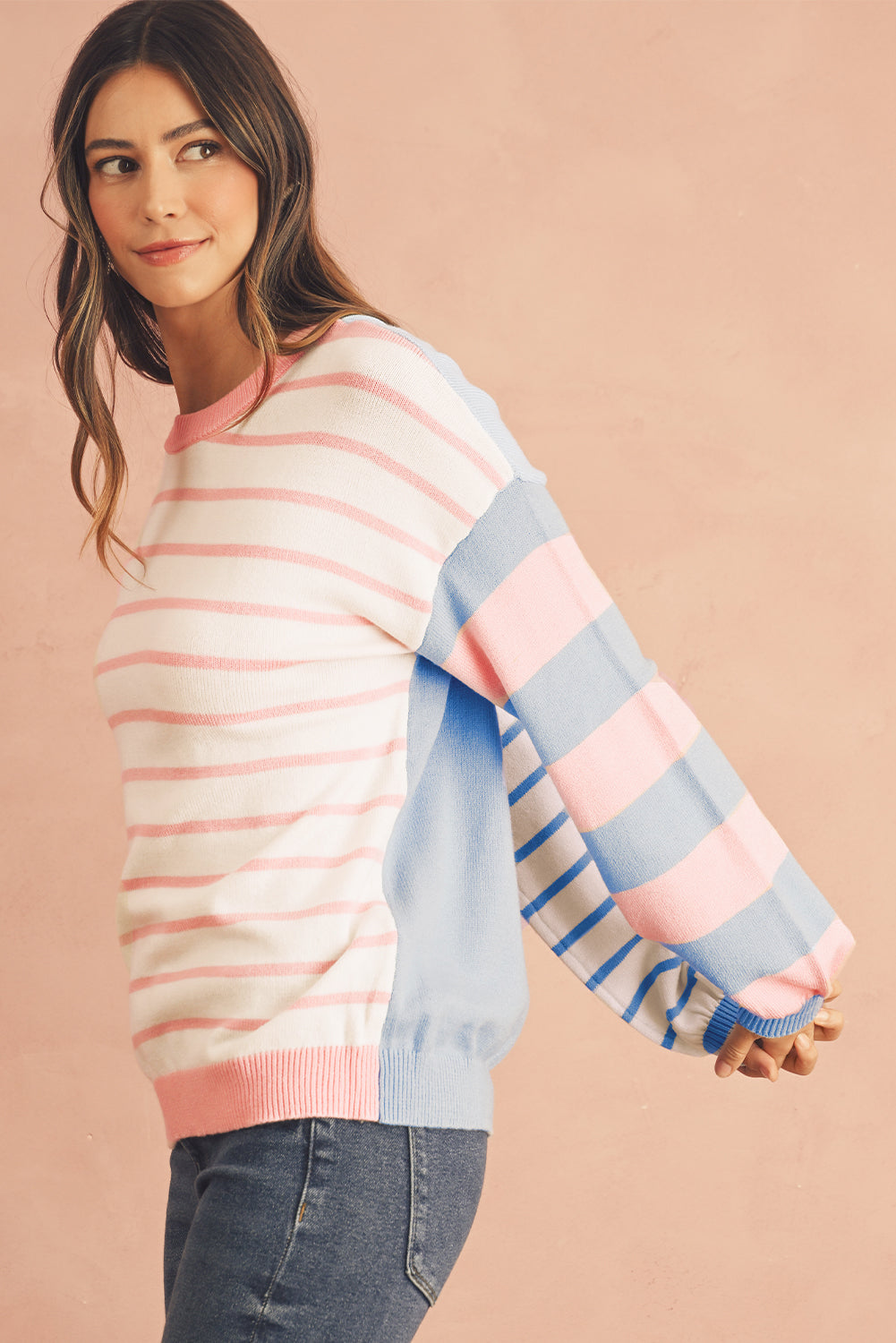 Pale Chestnut Striped Colorblock Pullover Sweater