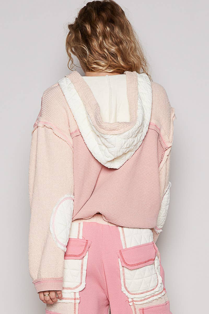 You had me at cozy multi fabric hooded button down combo shacket