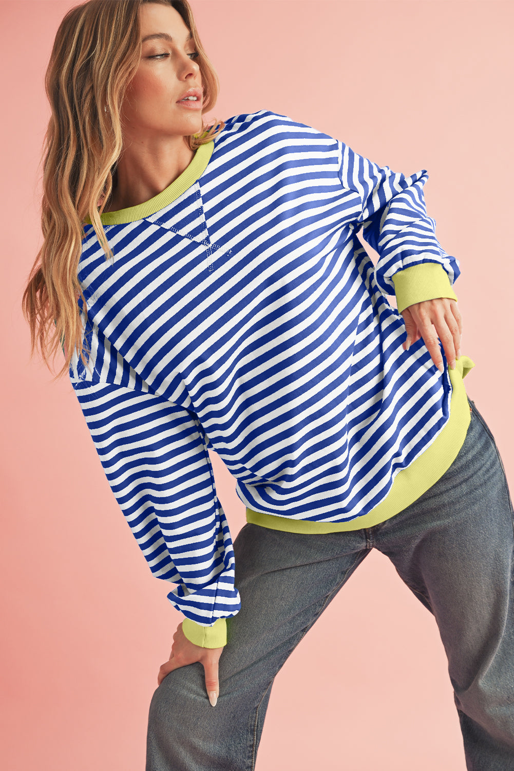 Blue Stripe Contrast Edge Cross Seam Oversized Pullover