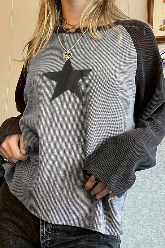 High-rise Waffle Knit Star Graphic Raglan Sleeve Top