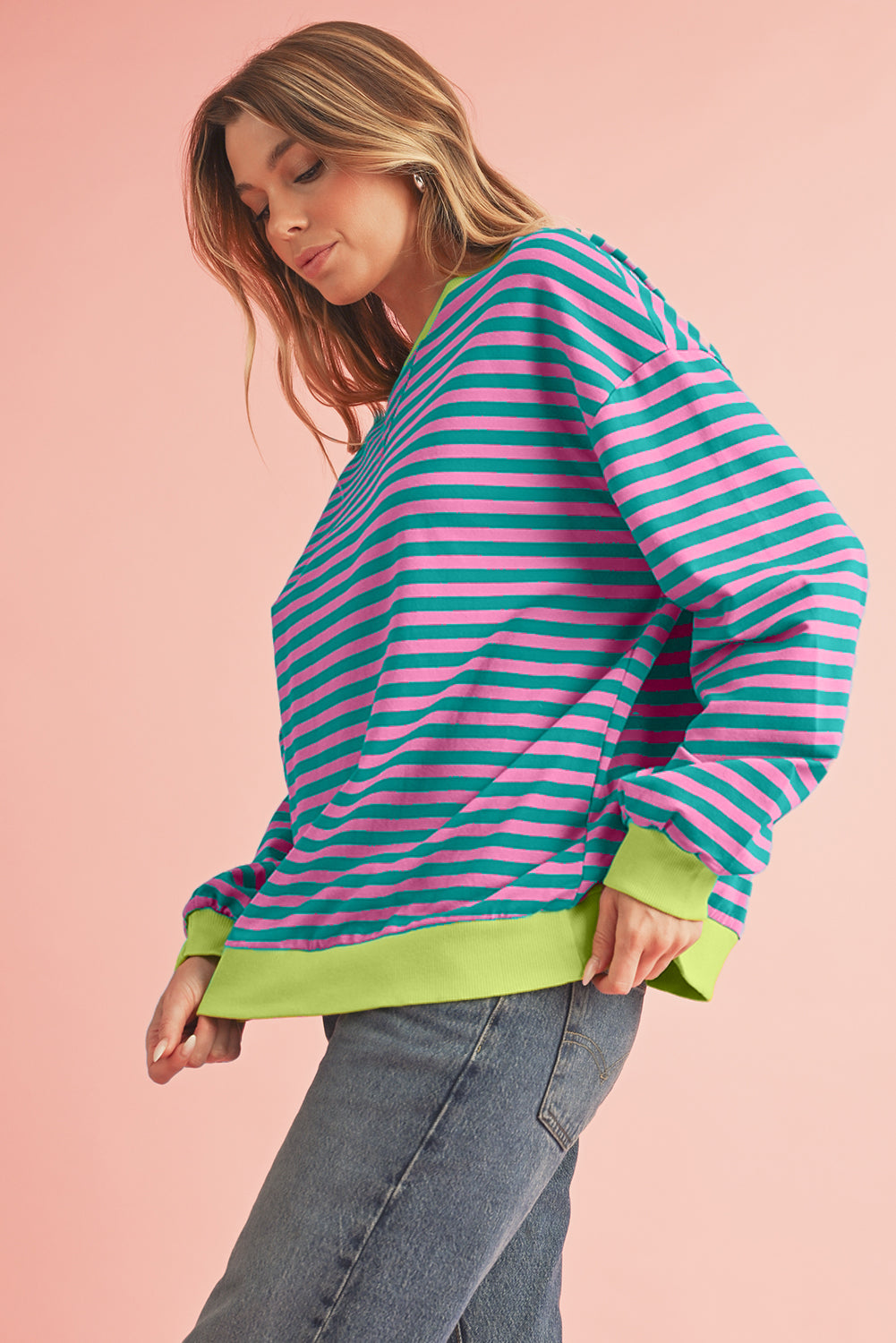 Blue Stripe Contrast Edge Cross Seam Oversized Pullover