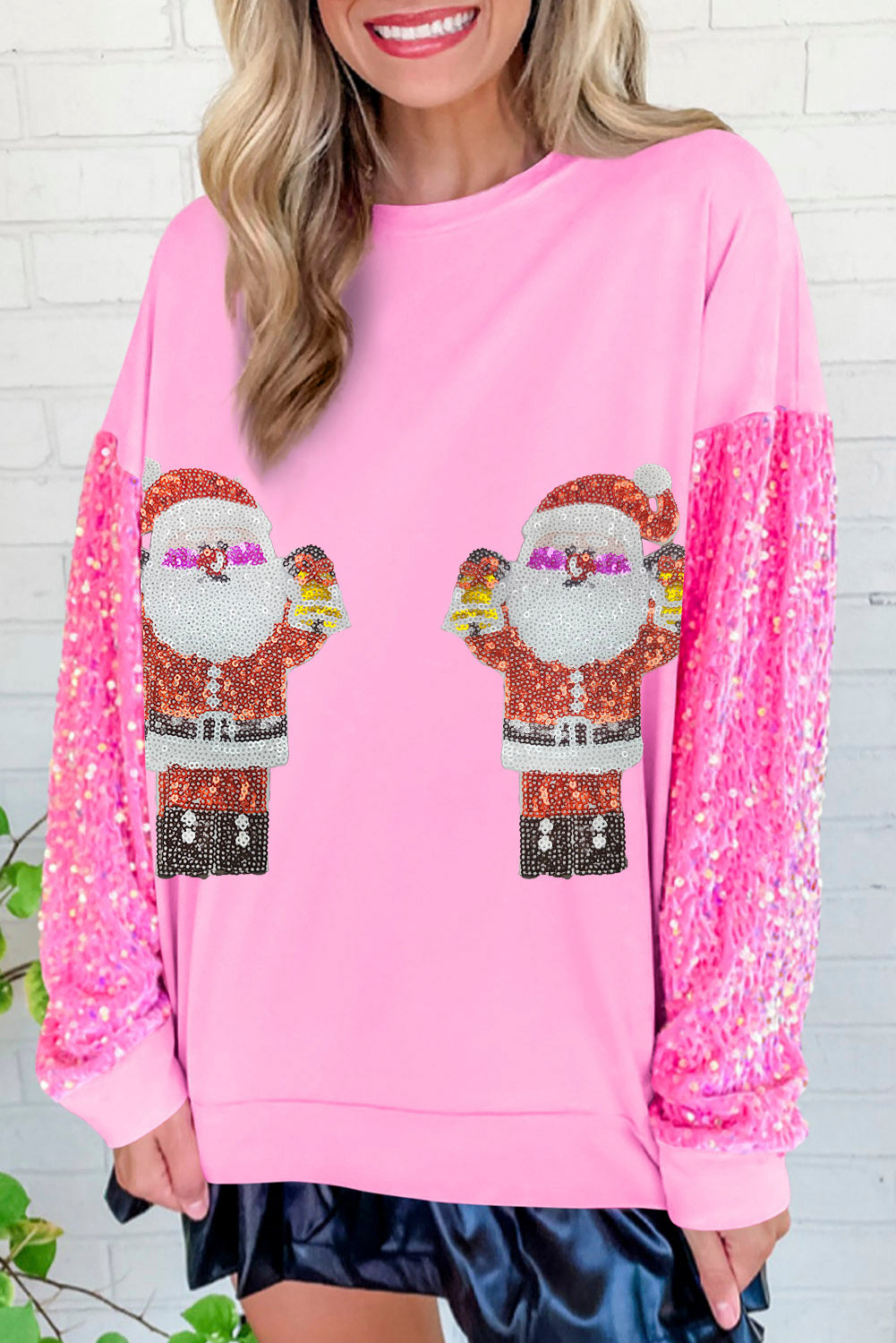 Pink Santa Claus Sequin Sleeve Crewneck Sweatshirt